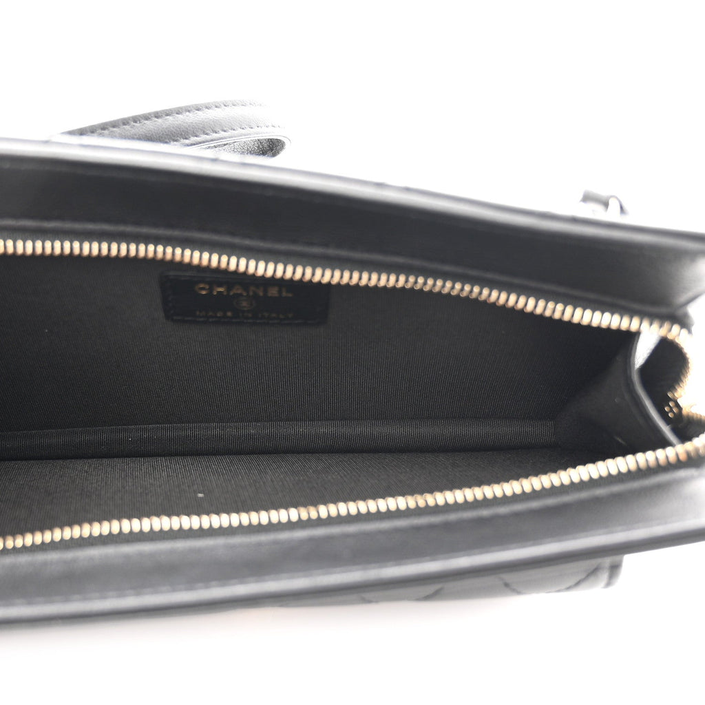 Lambskin Quilted Front Pocket Wristlet Black