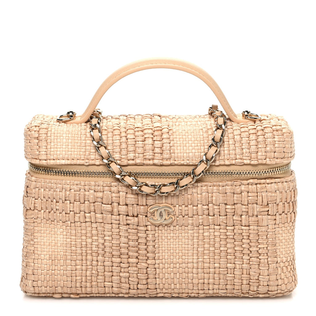 Braided Raffia Quilted Top Handle Slim Vanity Case With Chain Beige