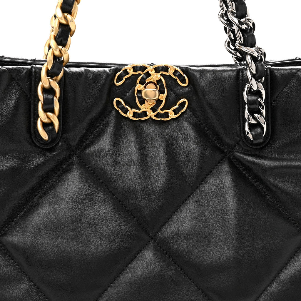 Lambskin Quilted Chanel 19 East West Shopping Bag Black