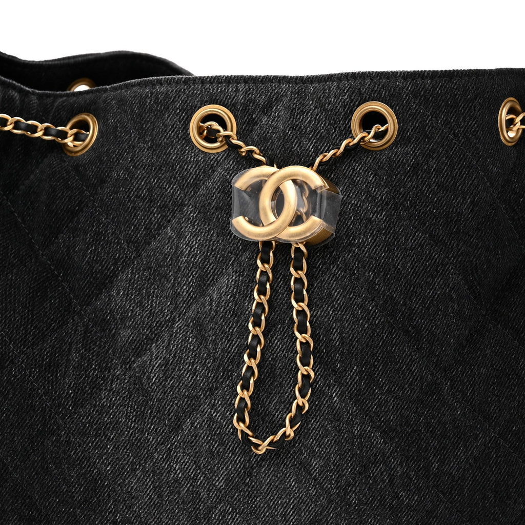 Washed Denim Quilted Medium Chanel 25 Handbag Black