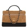 Suede Calfskin Shiny Lambskin Quilted Top Handle Slim Vanity Case With Chain Beige Black