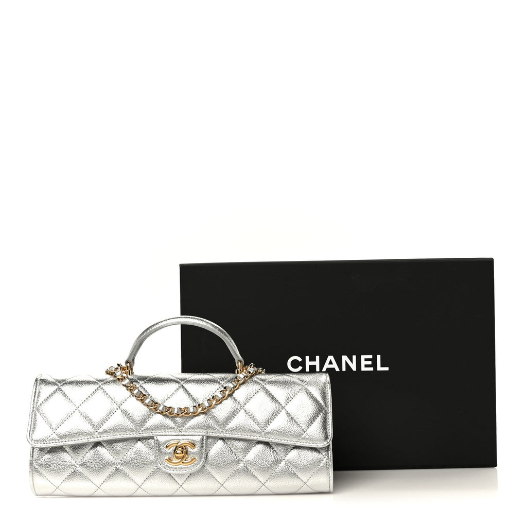 Metallic Caviar Quilted Top Handle Long Clutch With Chain Silver