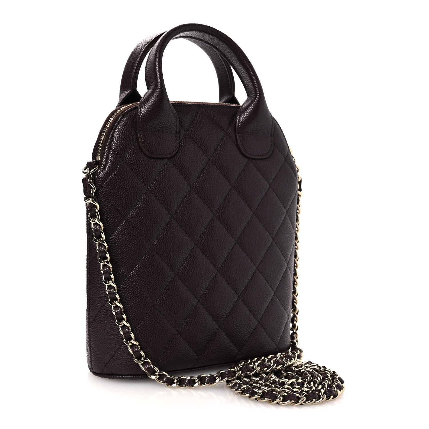 Caviar Quilted Top Handle Clutch With Chain Dark Brown