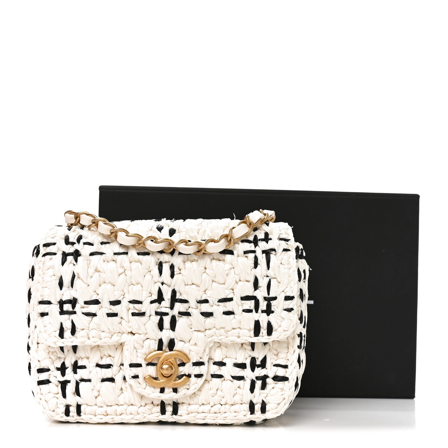 Raffia Effect Tweedy Mini Flap Bag White Black