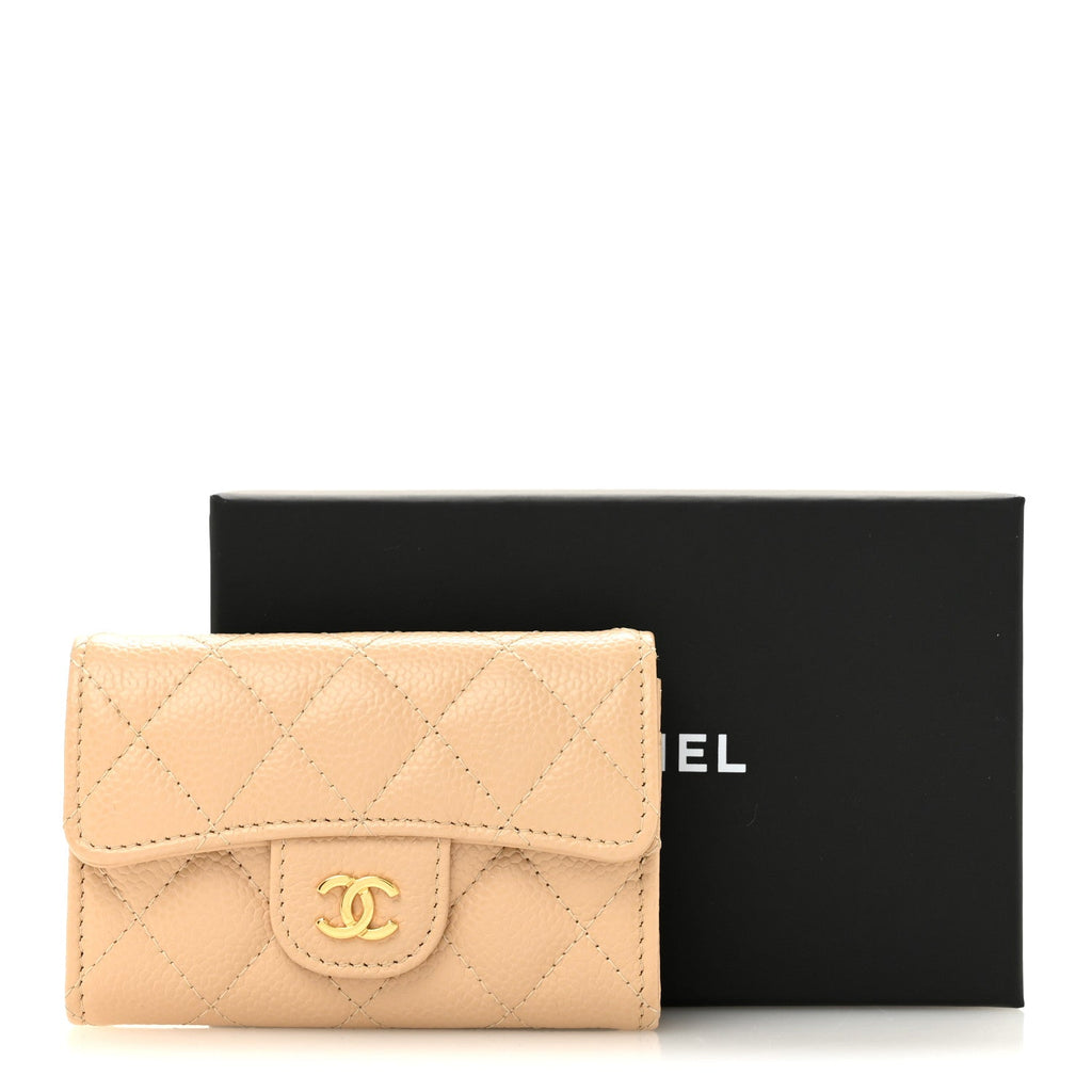Caviar Quilted Flap Card Holder Wallet Beige