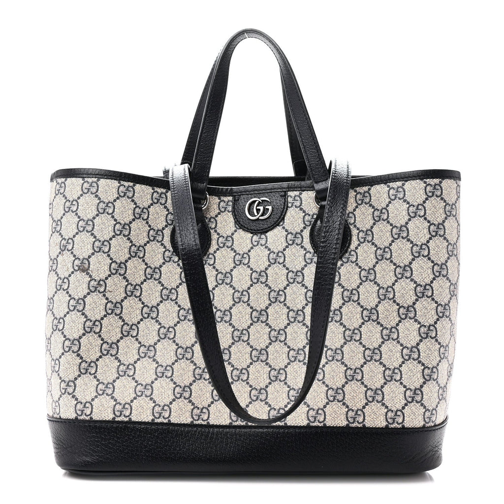 GG Supreme Monogram Textured Dollar Calfskin Medium Shoulder Tote Bag Beige Blue