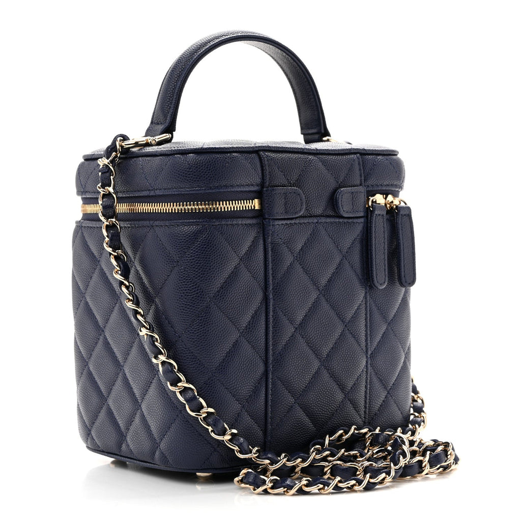 Caviar Quilted Small Top Handle Vanity Case With Chain Navy Blue