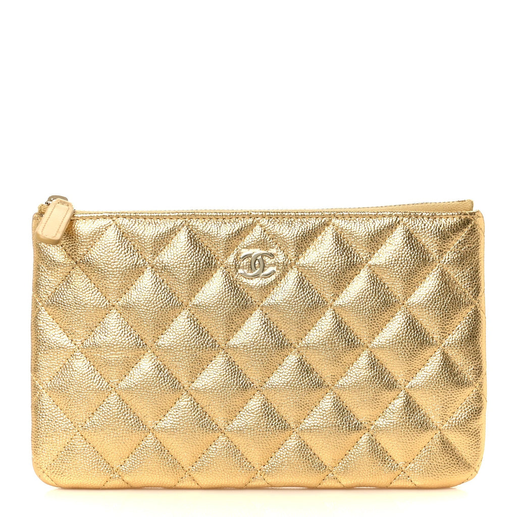 Metallic Caviar Quilted Small Zipped Pouch Gold