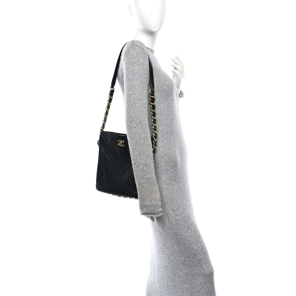 Lambskin Quilted Multi Chain Hobo Black