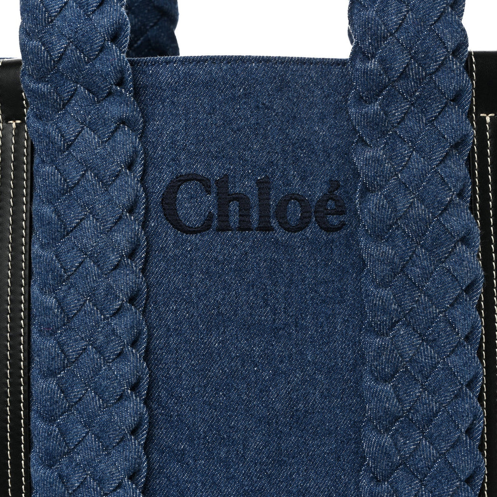 Denim Calfskin Large Braided Woody Ribbon Tote Blue