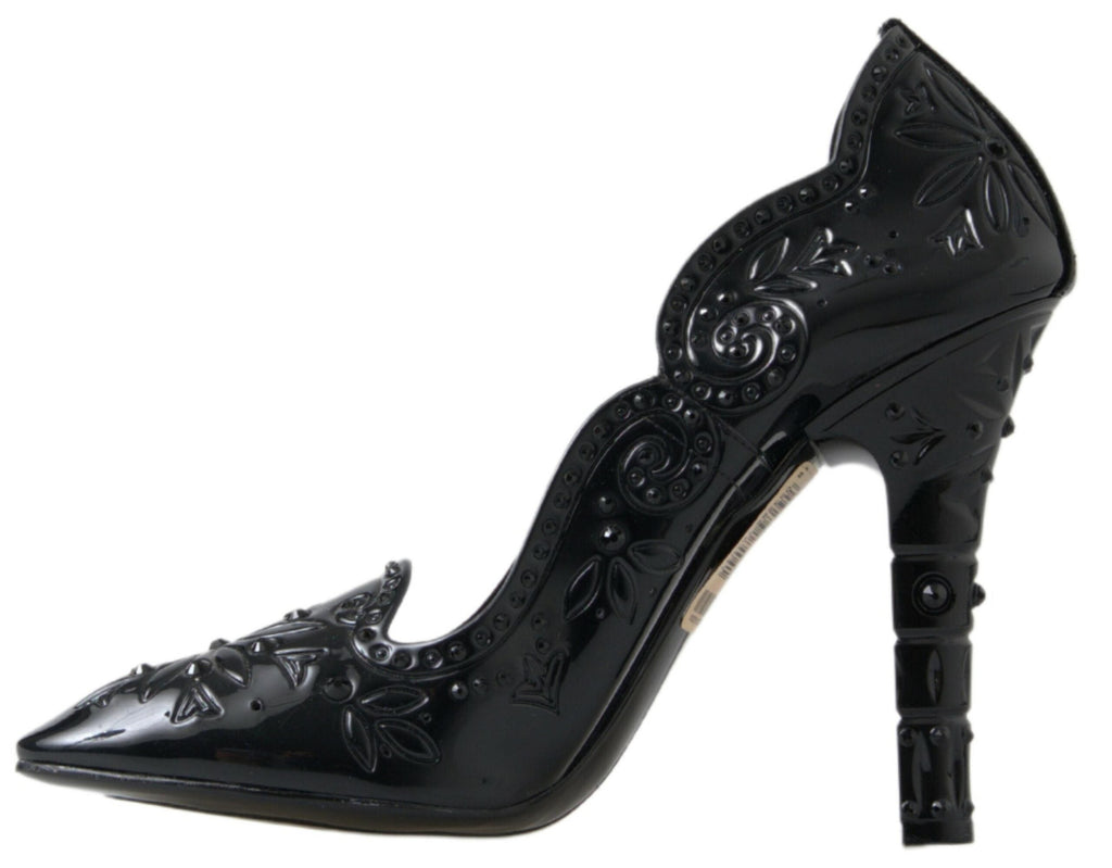 Dolce & Gabbana Black CINDERELLA Floral Crystal Heels Women's Shoes