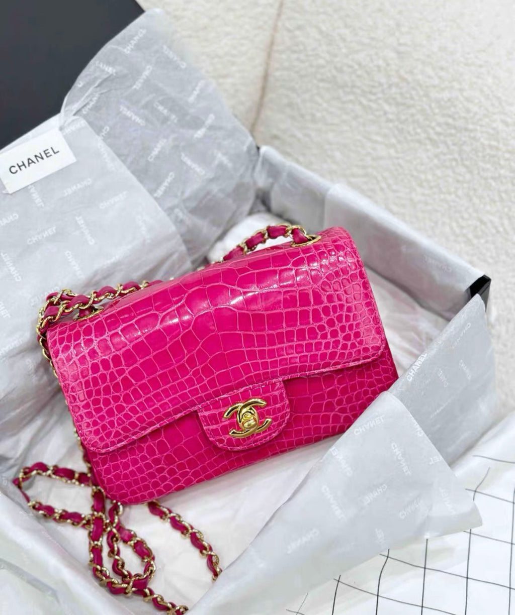Chanel Medium Pink Alligator Double Flap Bag Gold Hardware