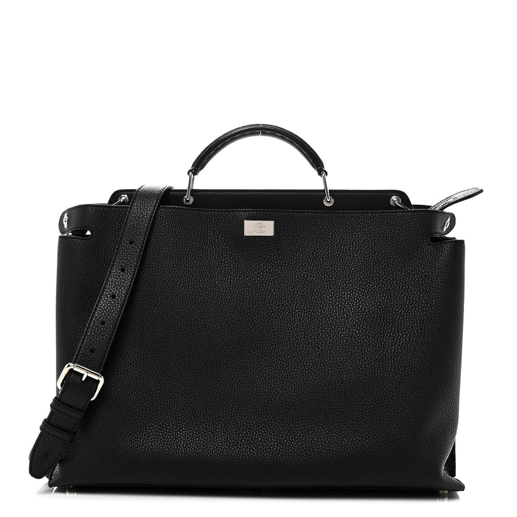 Cuoio Romano Selleria Vitello Grace Glazed Fabric FF 1974 Large Peekaboo Iconic Essential Satchel Black