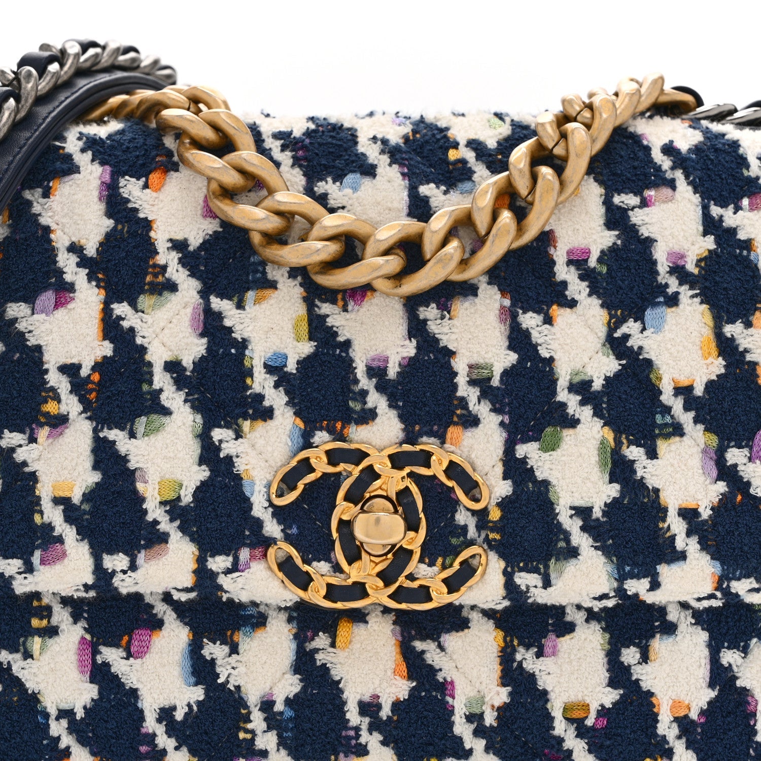 Tweed Quilted Medium Chanel 19 Flap Ecru Navy Blue Multicolor