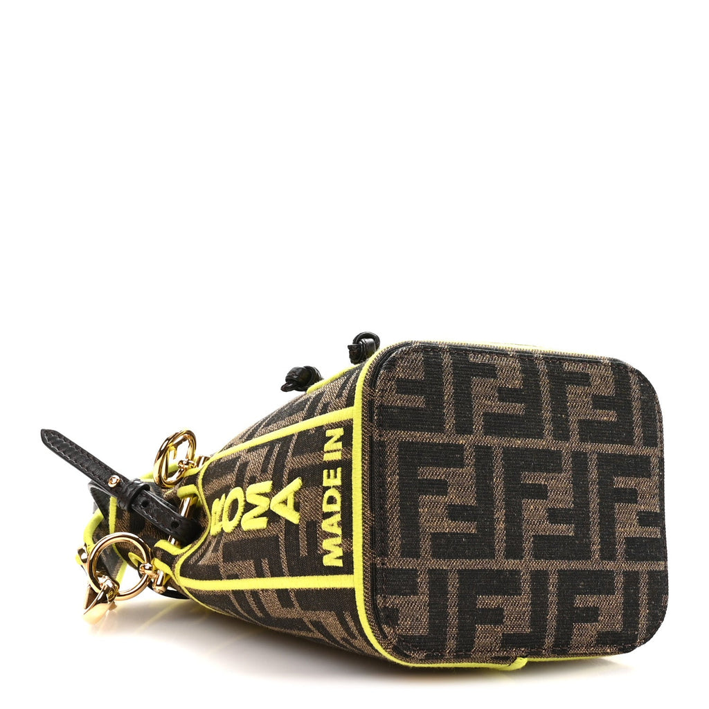 Fabric Jacquard Shiny Nappa FF 1974 Logo Threaded Edge Mini Mon Tresor Bucket Bag Tobacco Moro Giallo Fluo