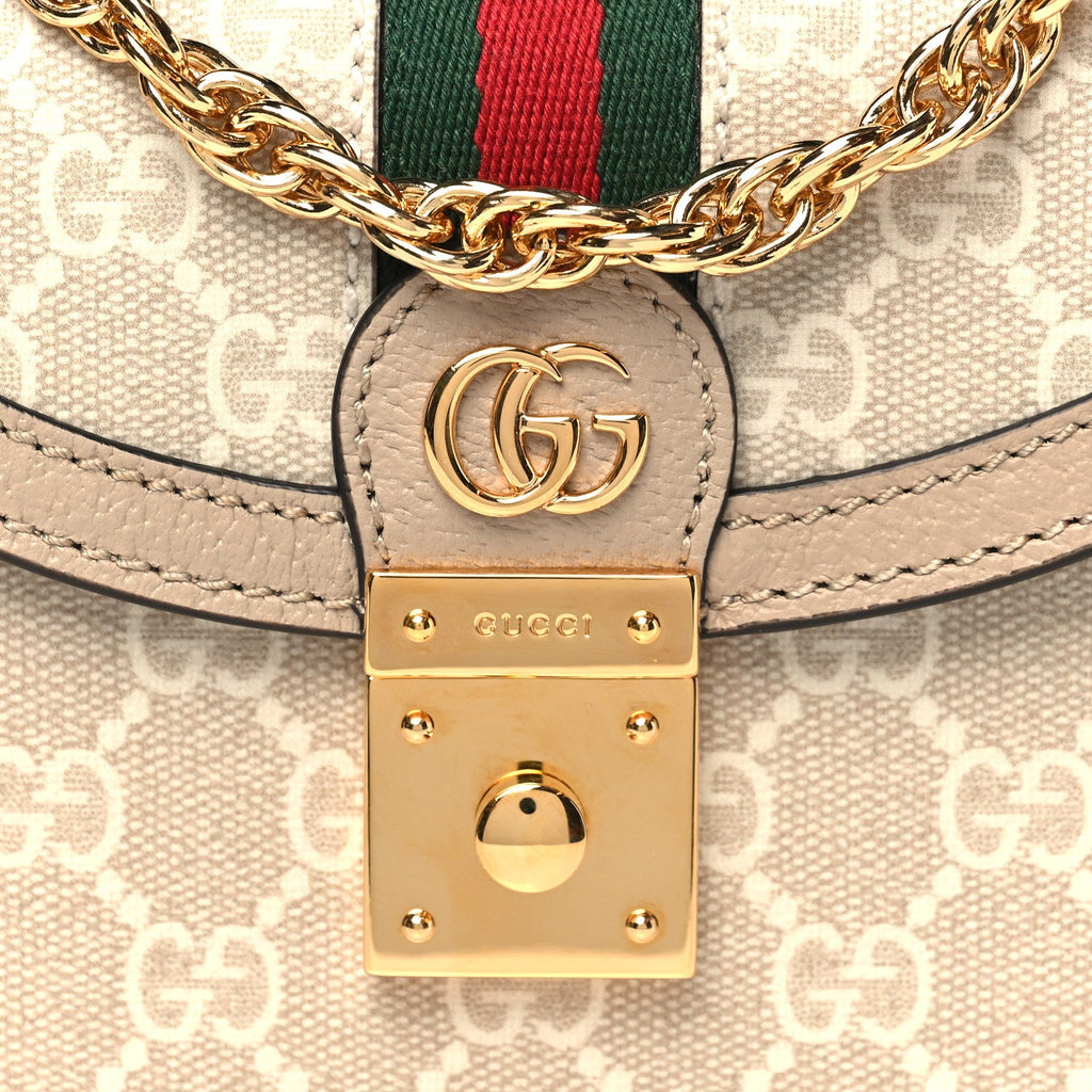 GG Supreme Monogram Textured Dollar Calfskin Web Mini Ophidia Padlock Top Handle Chain Shoulder Bag Beige Mystic White Oatmeal