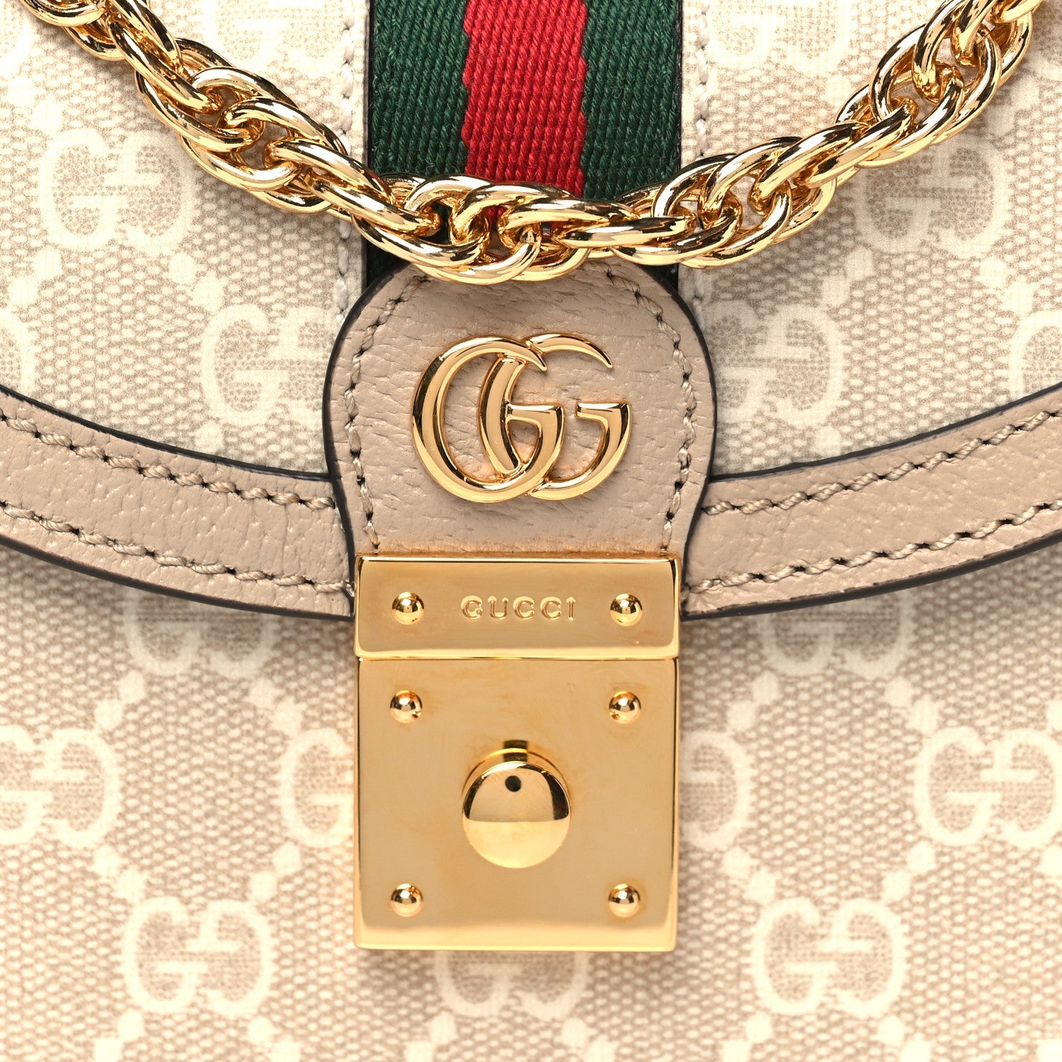 GG Supreme Monogram Textured Dollar Calfskin Web Mini Ophidia Padlock Top Handle Chain Shoulder Bag Beige Mystic White Oatmeal