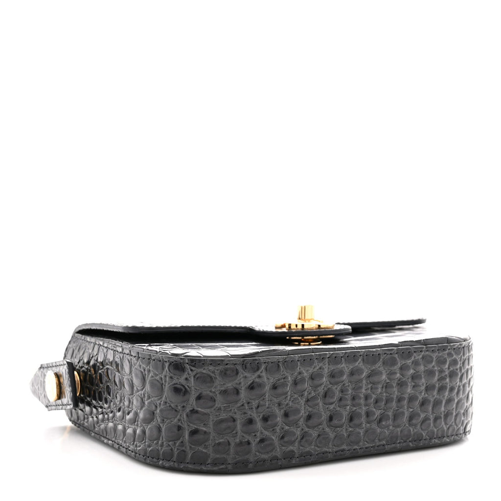 Calfskin Crocodile Embossed Turn Around Mini Flap Dark Grey Dark Grey