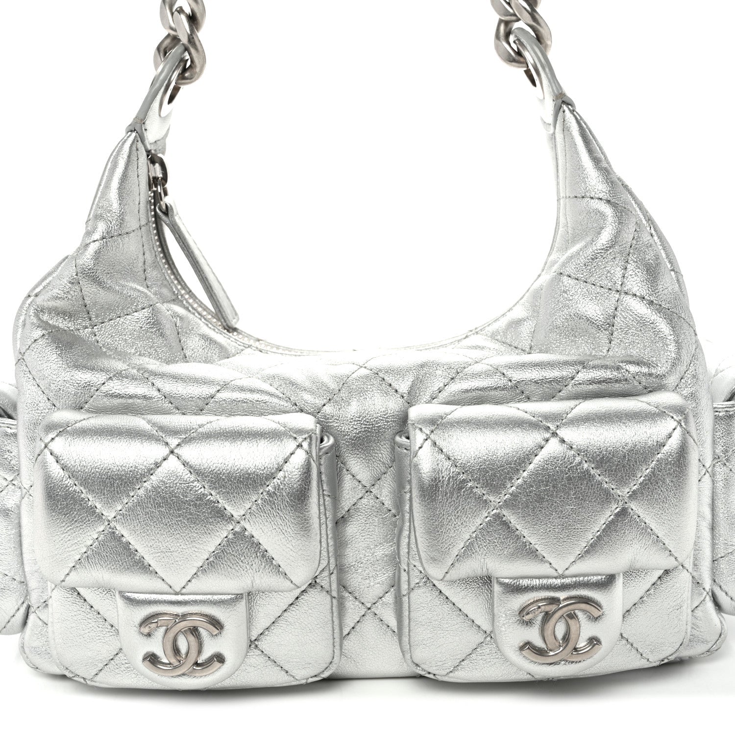 Metallic Lambskin Quilted Trendy Pockets Hobo Silver