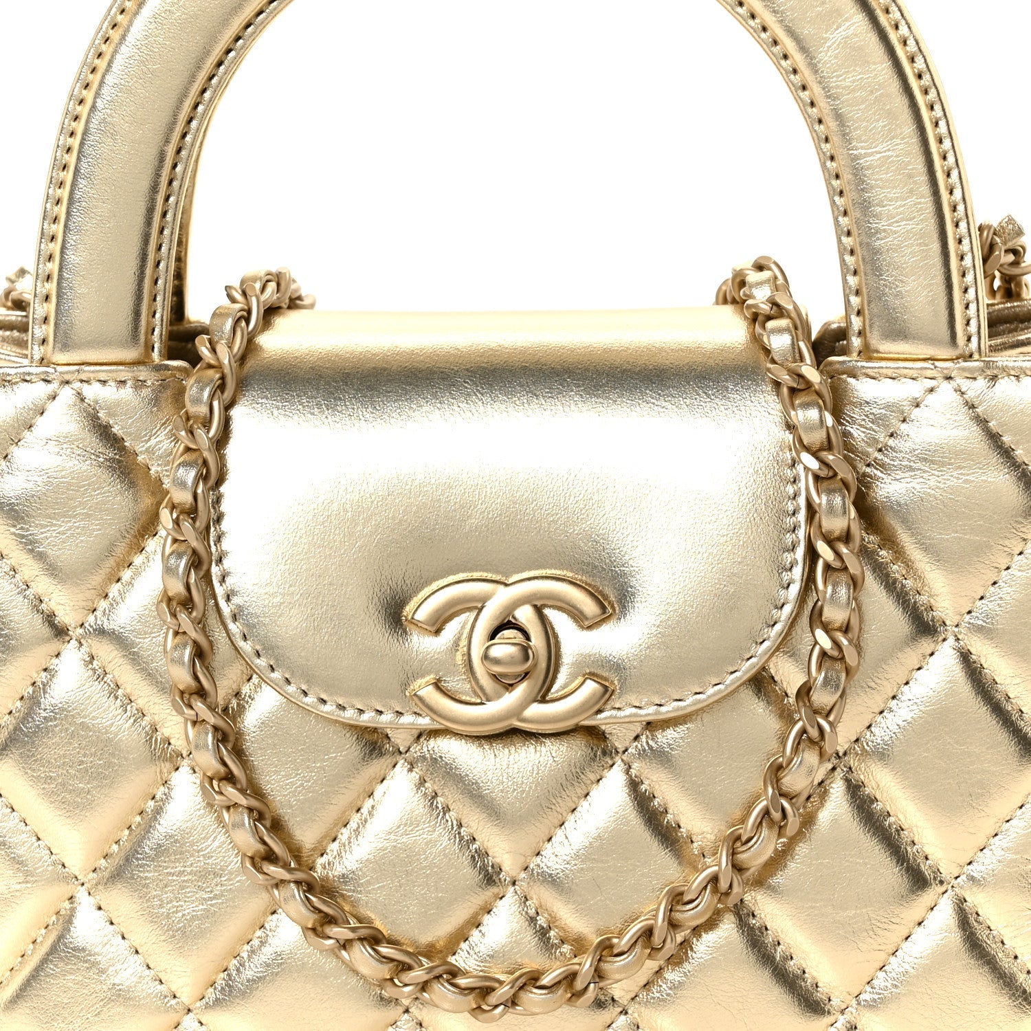 Metallic Shiny Aged Calfskin Quilted Nano Kelly Shopper Gold