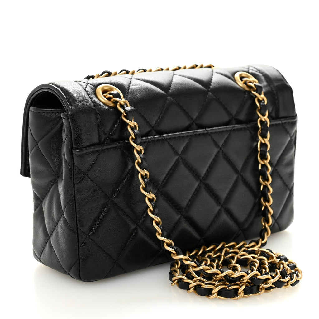 Shiny Lambskin Quilted Mini Flap Black