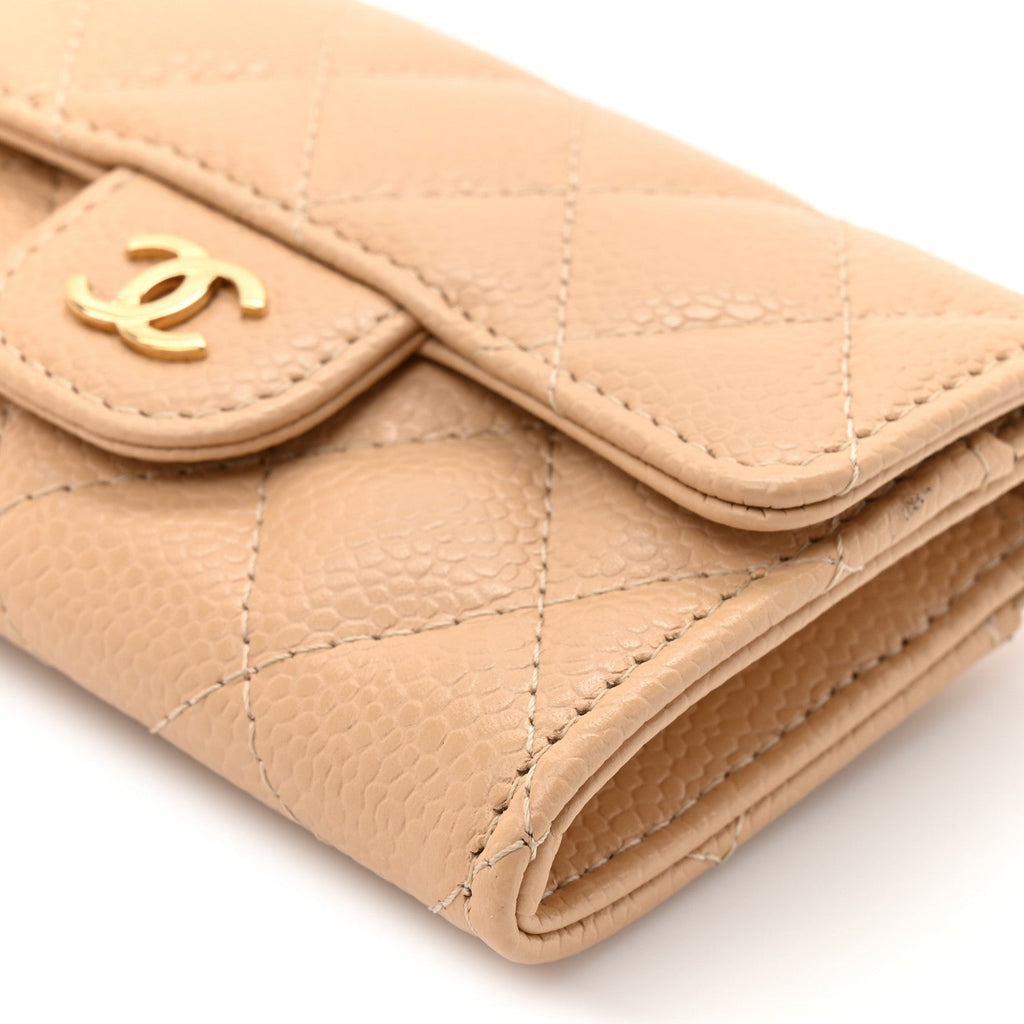 Caviar Quilted Flap Card Holder Wallet Beige