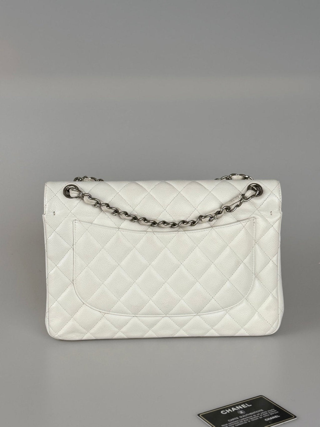 Chanel White Jumbo Classic Double Flap Bag in Caviar Leather with Silver Hardware