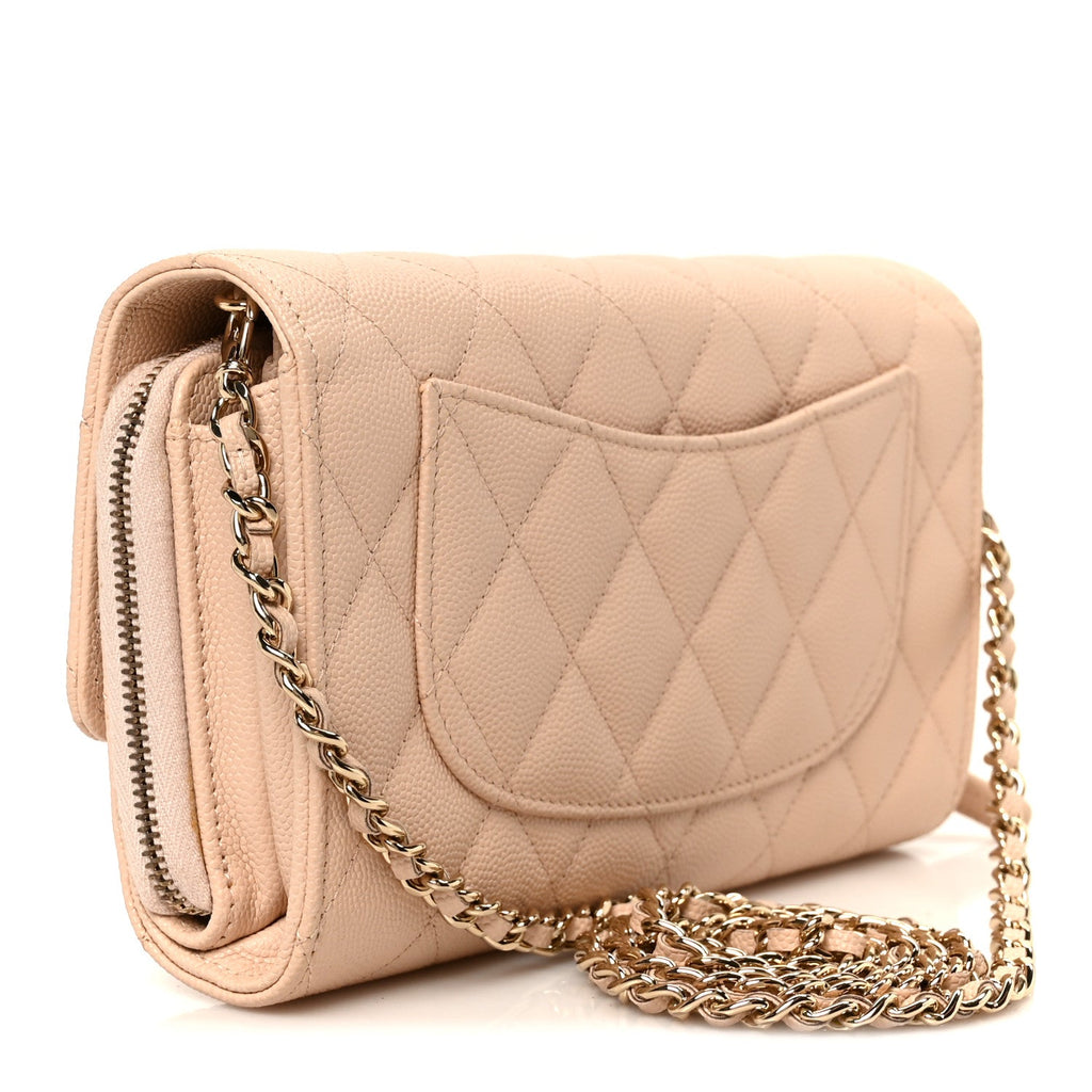 Caviar Quilted Phone Holder Wallet on Removable Chain Light Beige