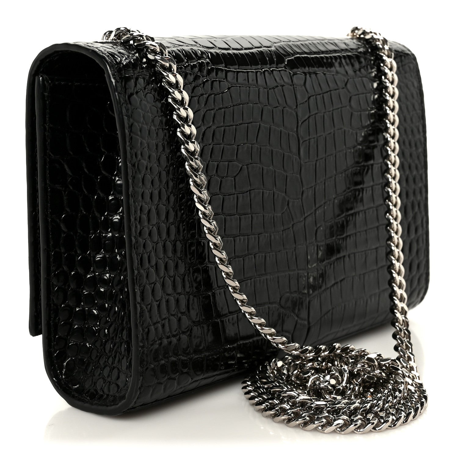 Calfskin Crocodile Embossed Small Classic Monogram Kate Tassel Satchel Black