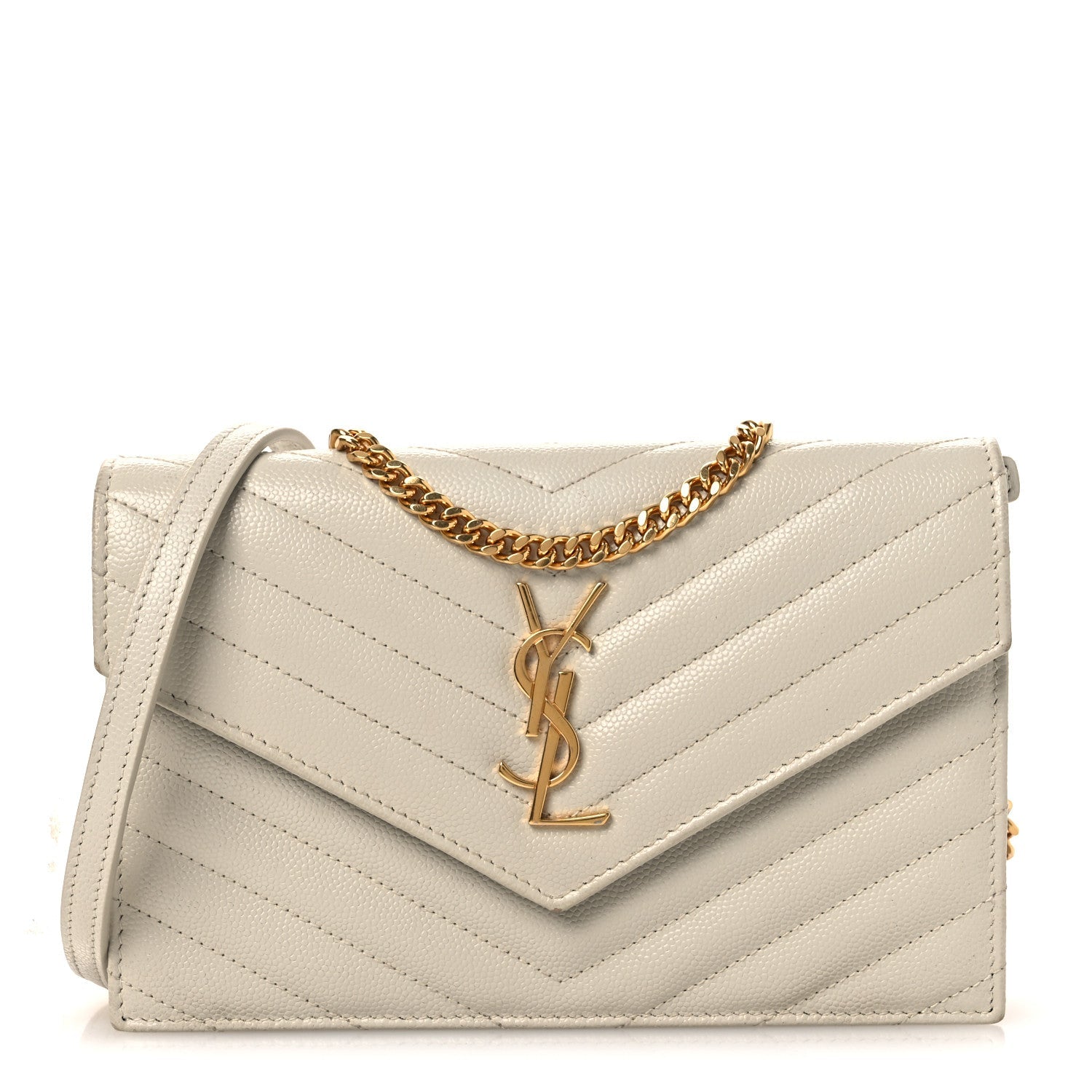 Grain De Poudre Matelasse Chevron Monogram Envelope Chain Wallet Blanc Vintage