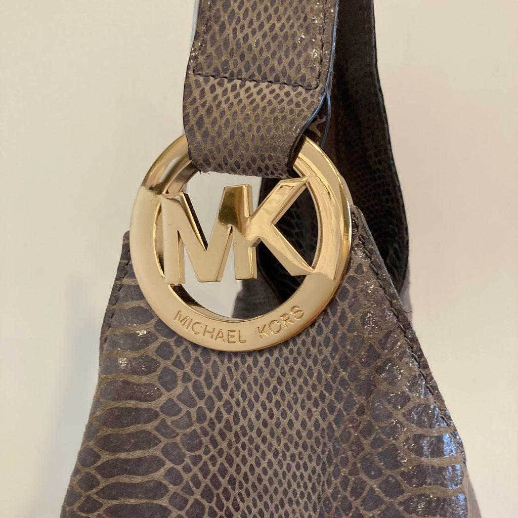 MICHAEL KORS Large Gray Snakeskin Leather Hobo Shoulder Bag
