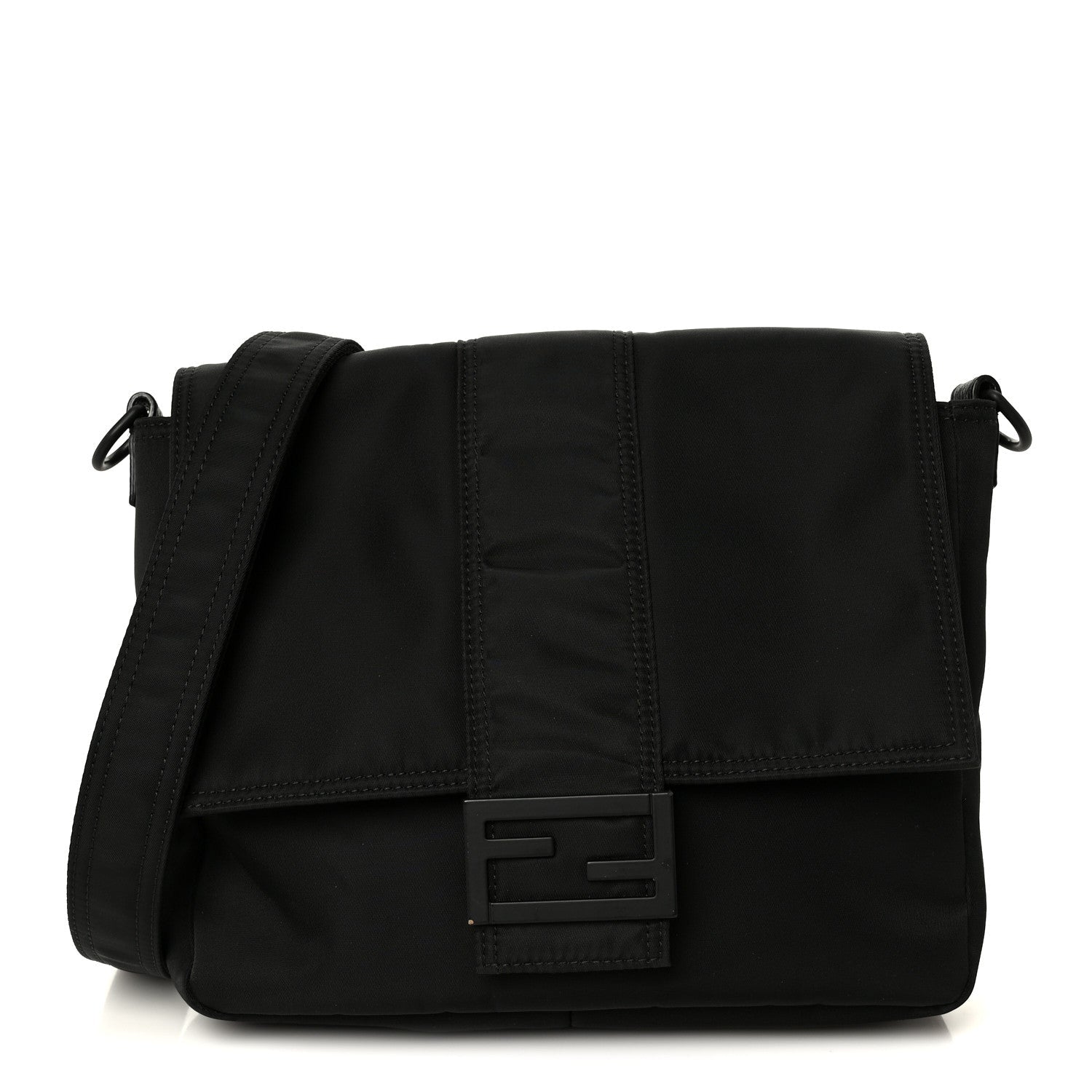 Econyl Nylon Cuoio Romano Monochrome Medium Baguette Messenger Bag Black