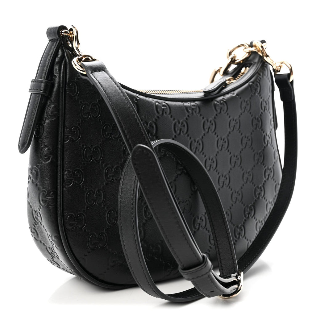 GG Calfskin Embossed Emblem Medium Half Moon Shoulder Bag Black