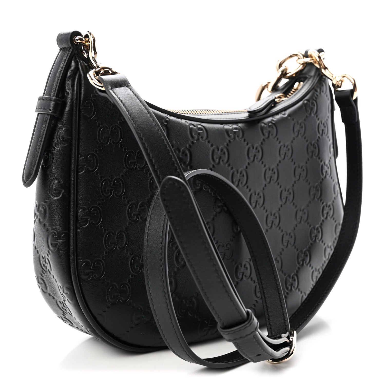 GG Calfskin Embossed Emblem Medium Half Moon Shoulder Bag Black