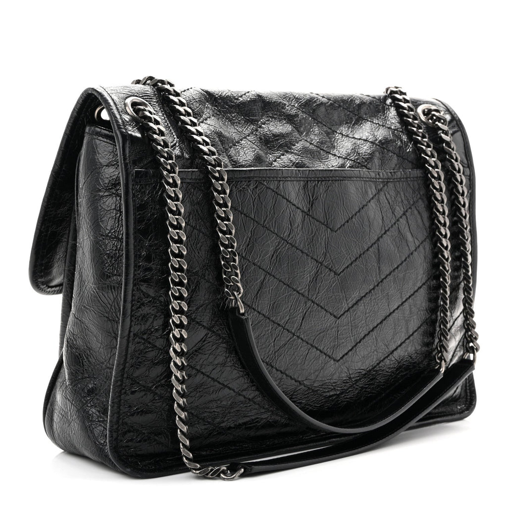 Crinkled Calfskin Matelasse Monogram Large Niki Chain Satchel Black