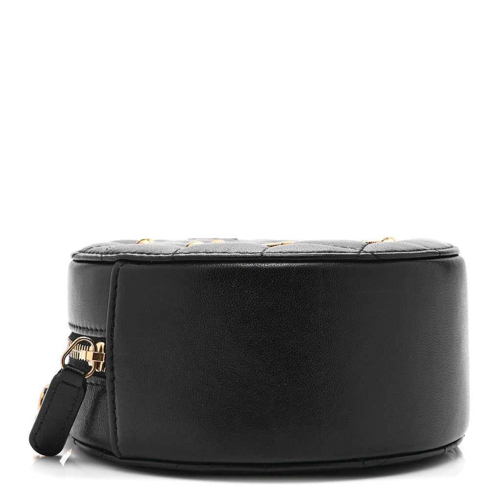 Lambskin Quilted Egyptian Amulet Round Clutch With Chain  Black