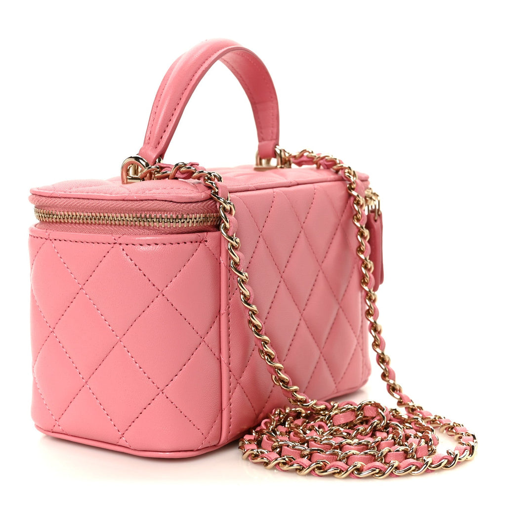 Lambskin Quilted Small Top Handle Vanity Case With Chain Pink