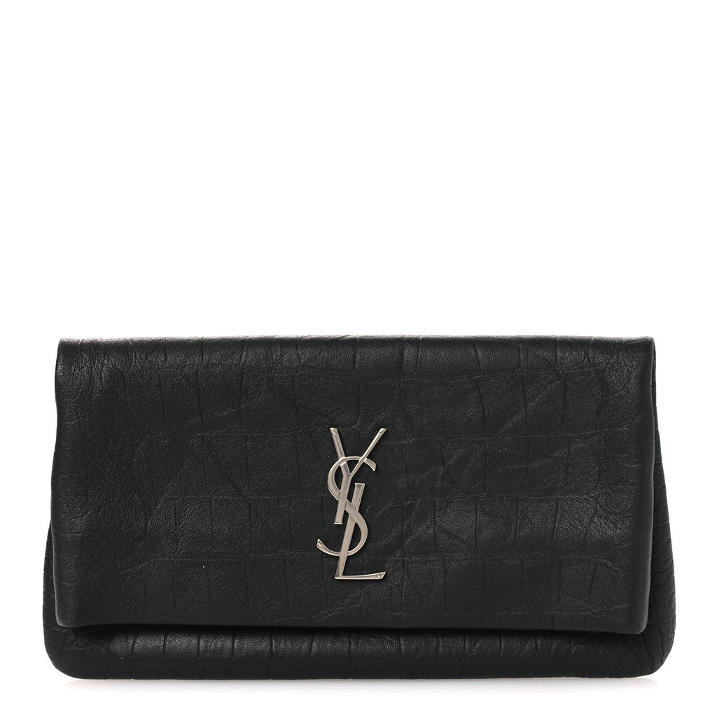 Calfskin Crocodile Embossed West Hollywood Monogram Fold Over Clutch Black