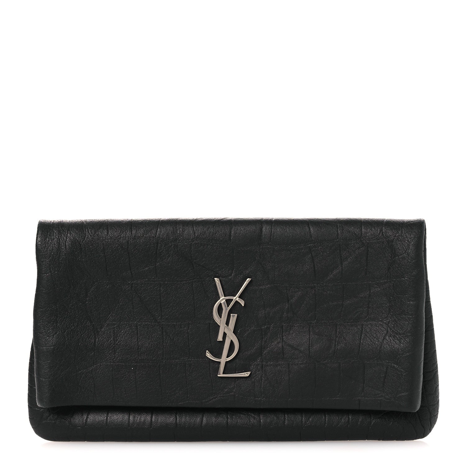 Calfskin Crocodile Embossed West Hollywood Monogram Fold Over Clutch Black