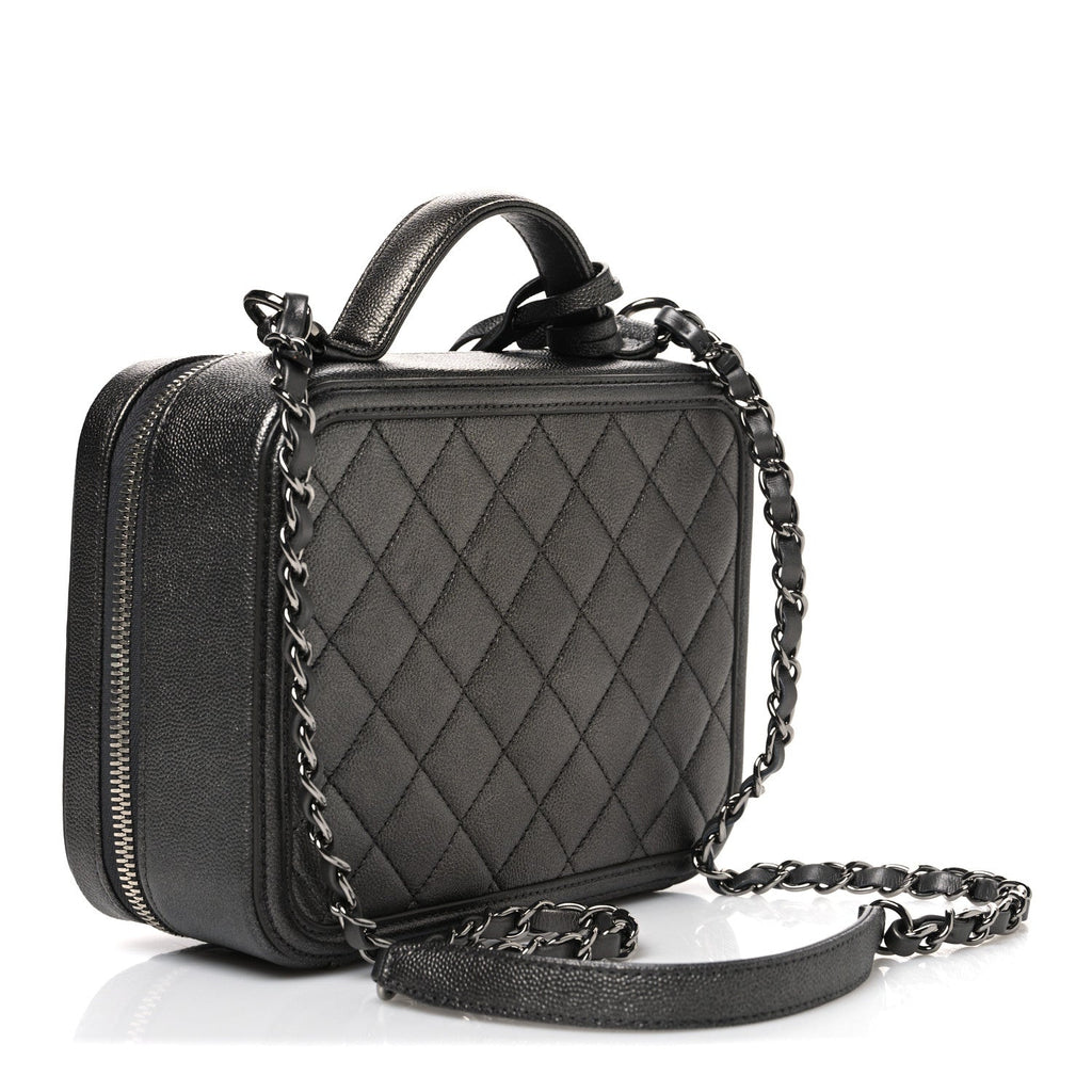 Metallic Caviar Quilted Medium CC Filigree Vanity Case Dark Silver