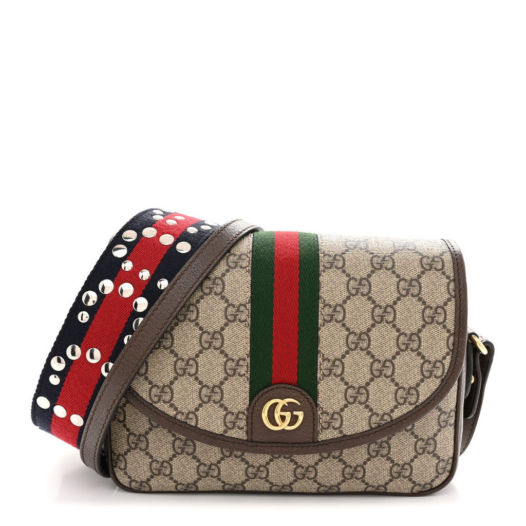 GG Supreme Monogram Textured Dollar Calfskin Web Studded Mini Ophidia Flap Shoulder Bag Beige Ebony New Acero