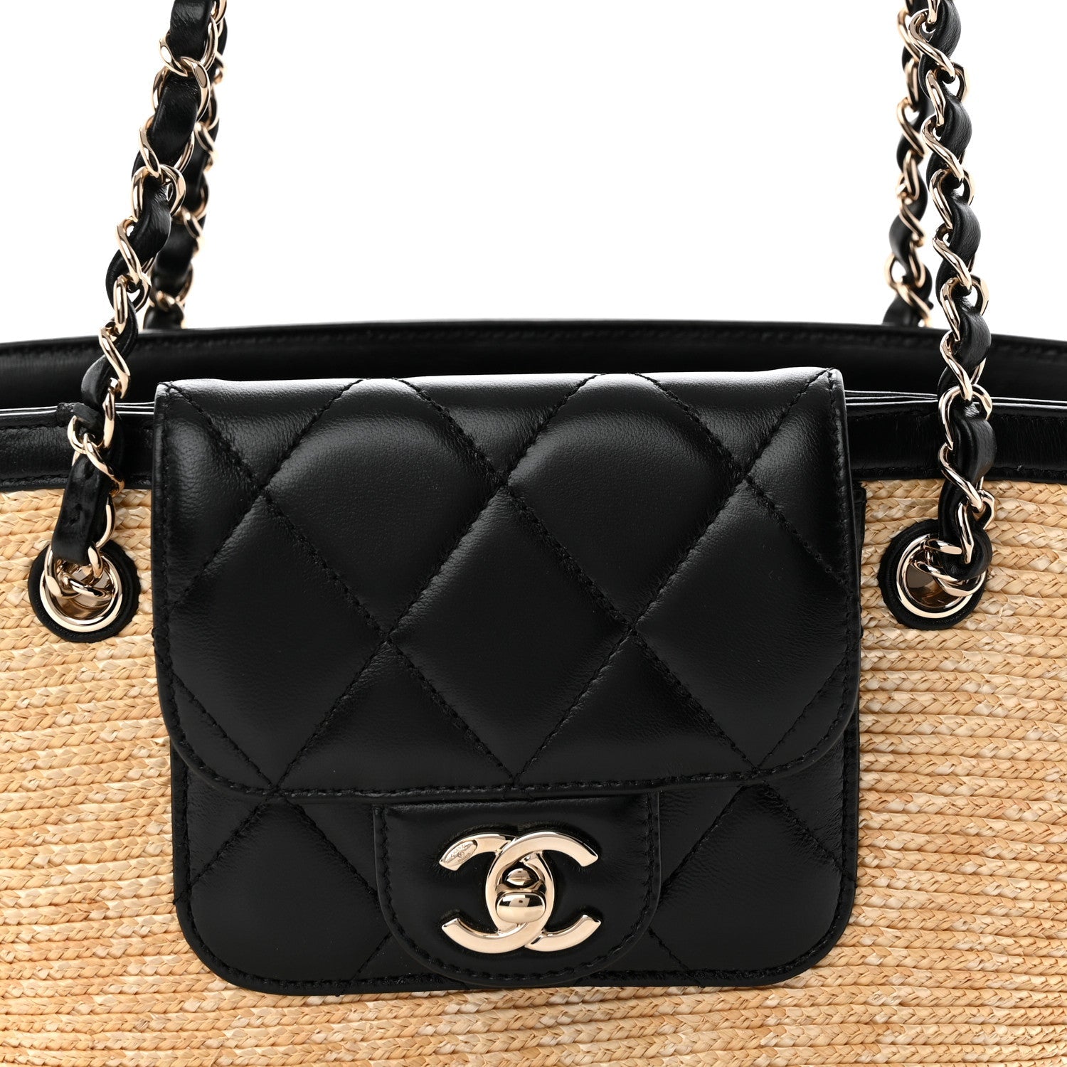 Raffia Braided Lambskin Small Shopping Tote Beige Black Beige Black