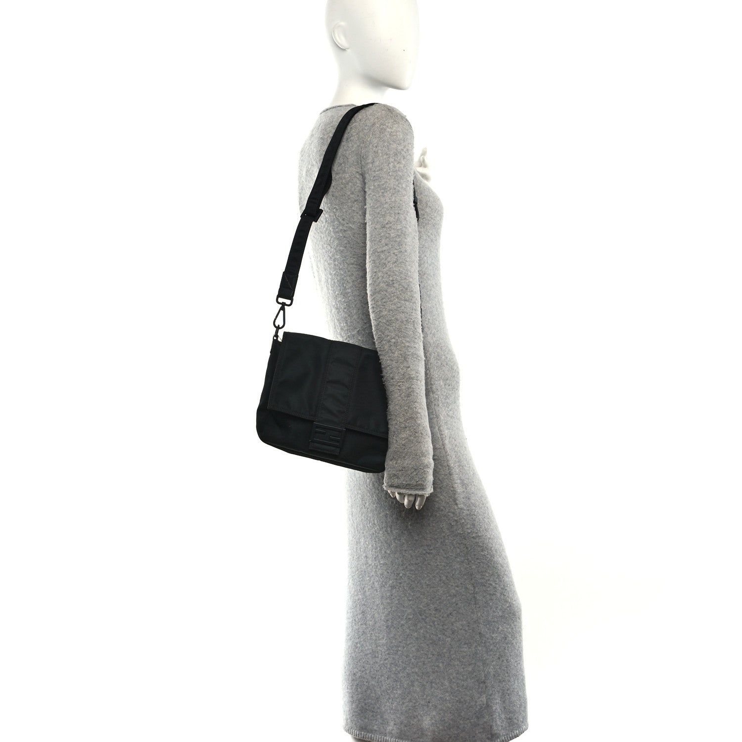 Econyl Nylon Cuoio Romano Monochrome Medium Baguette Messenger Bag Black