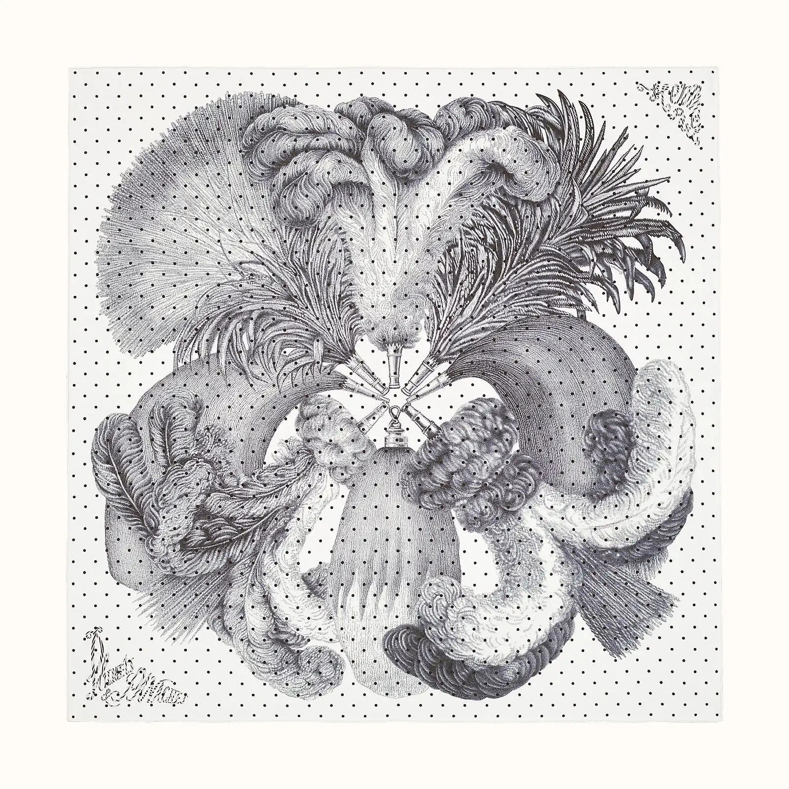 Hermes Silk Scarf 90 Plumets Et Panaches Blanc/ Noir/ Anthracite