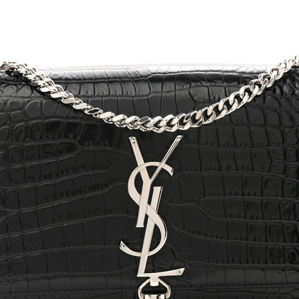 Calfskin Crocodile Embossed Small Classic Monogram Kate Tassel Satchel Black