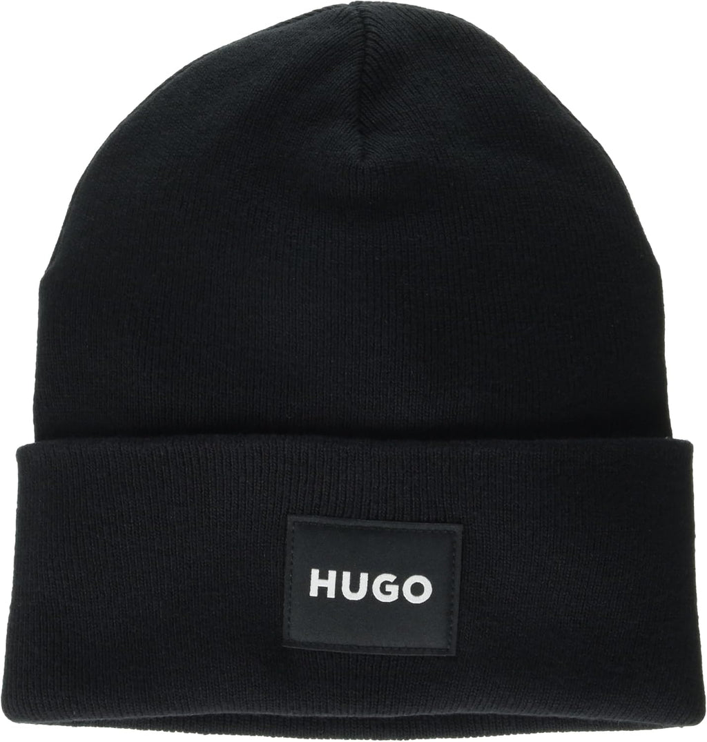 Hugo Men's Xevon Patch Logo Ribbed Beanie, Black One Size Black