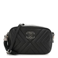 Calfskin Diagonal Chevron Quilted Tassel Camera Case Black