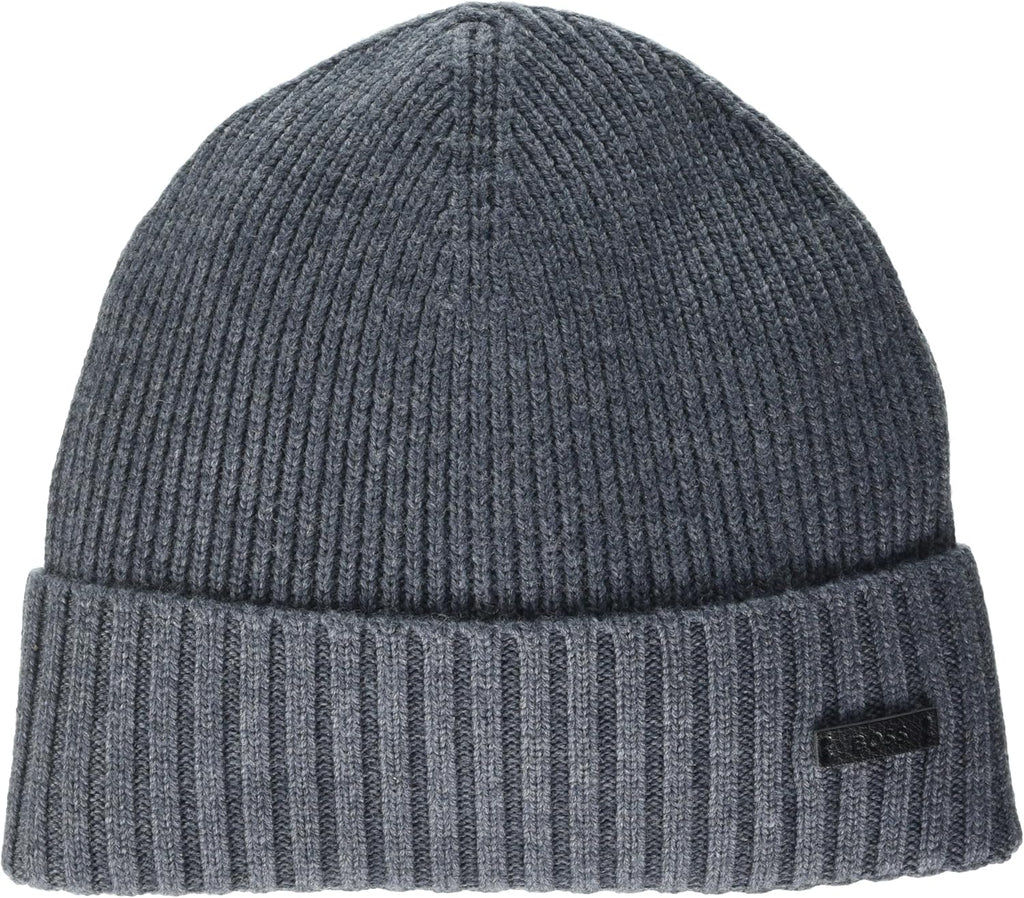 Hugo Boss Men's Fati Ribbed Beanie, Grey One Size Grey