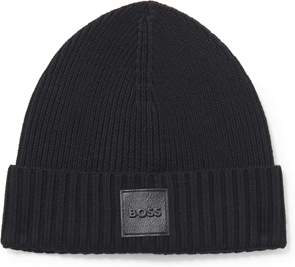 Hugo Boss Men's Flavio Ribbed Beanie, Black One Size Black