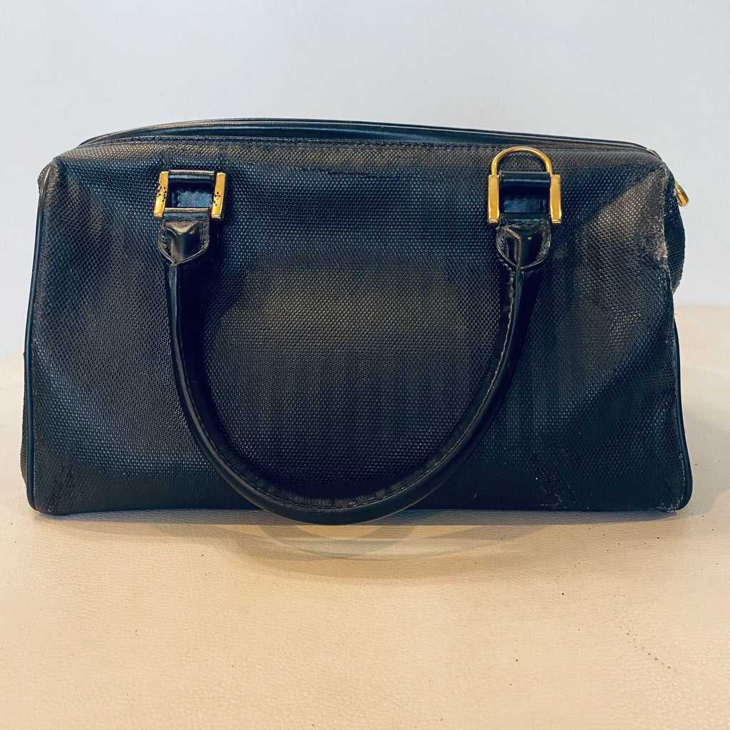 FENDI Vintage Black Striped Canvas Small Boston Handbag